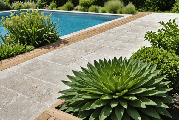 Dalles de travertin beige posées en revêtement de sol extérieur, mettant en valeur la texture naturelle et les nuances de couleur de la pierre.