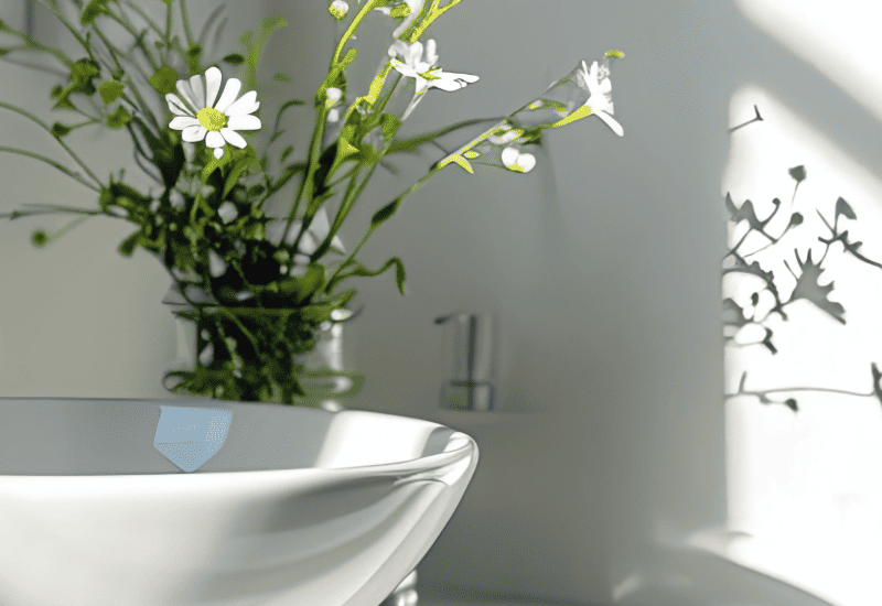 Lavabo moderne avec robinet noir mat dans une salle de bain lumineuse, ornée de carreaux muraux blancs et d'un vase contenant des fleurs fraîches, créant une ambiance apaisante et naturelle. Idéal pour rénover une salle de bain.