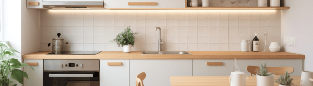 Aménagement d'une petite cuisine couleur blanc et bois, électroménager intégré et ruban LED pour éclairer l'ensemble