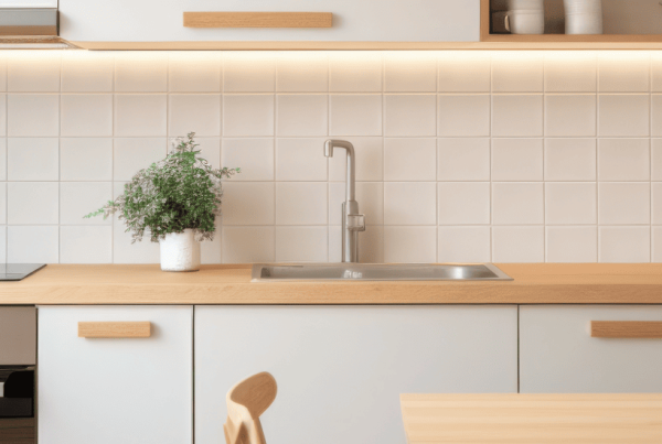 Aménagement d'une petite cuisine couleur blanc et bois, électroménager intégré et ruban LED pour éclairer l'ensemble