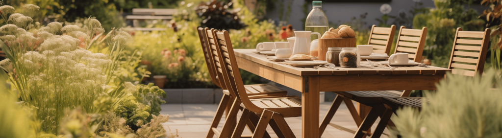 Exemple d'aménagement extérieur avec table remplie pour le petit déjeuner