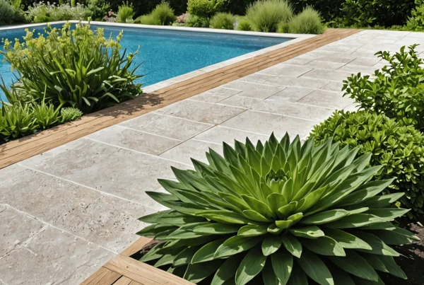 Dalles de travertin beige posées en revêtement de sol extérieur, mettant en valeur la texture naturelle et les nuances de couleur de la pierre.