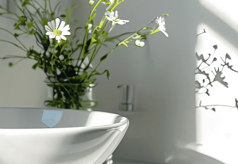 Lavabo moderne avec robinet noir mat dans une salle de bain lumineuse, ornée de carreaux muraux blancs et d'un vase contenant des fleurs fraîches, créant une ambiance apaisante et naturelle. Idéal pour rénover une salle de bain.