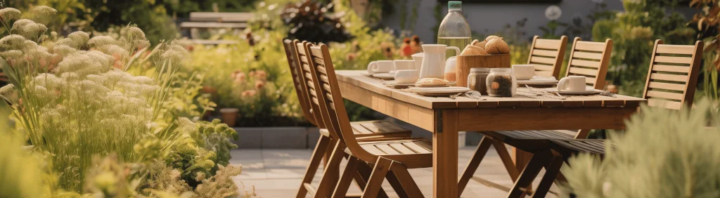 Exemple d'aménagement extérieur avec table remplie pour le petit déjeuner