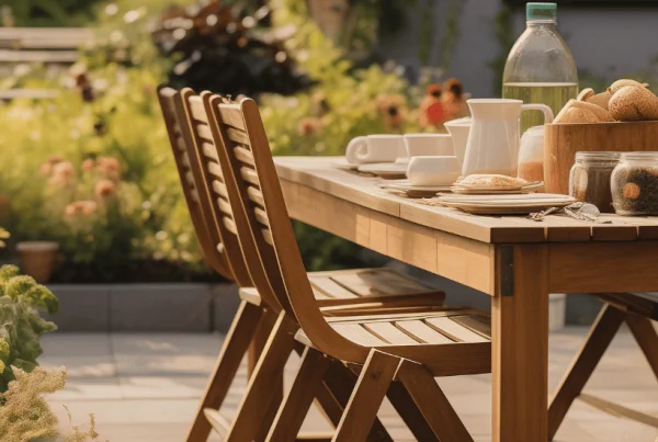 Exemple d'aménagement extérieur avec table remplie pour le petit déjeuner
