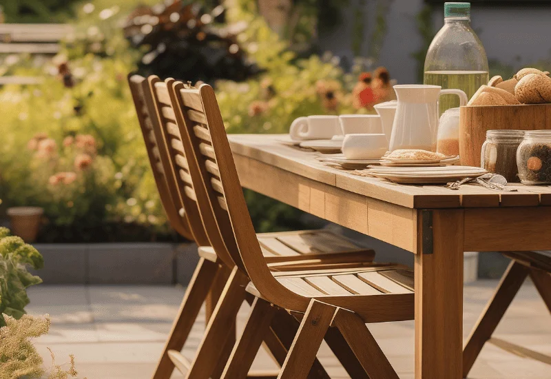 Exemple d'aménagement extérieur avec table remplie pour le petit déjeuner